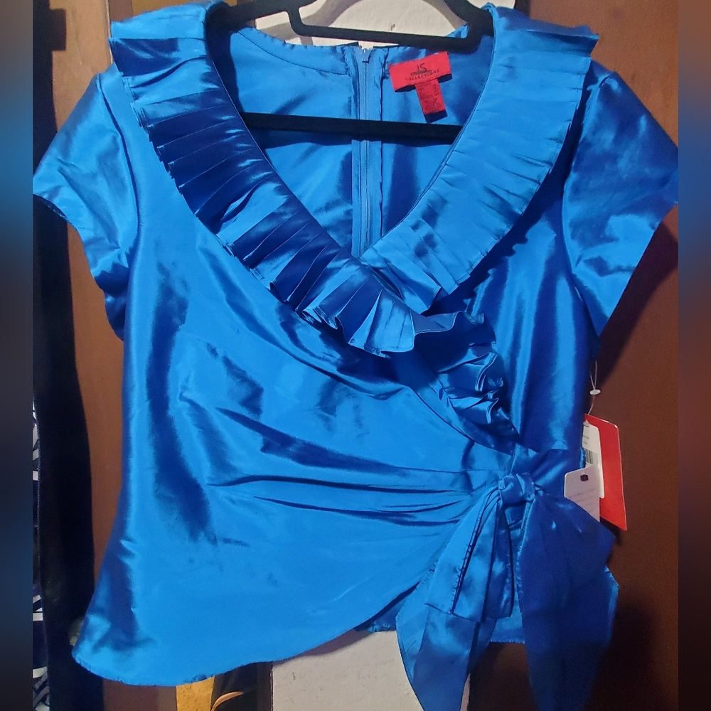 IS Collections Elegant Blue Blouse Pleated Collar With Side Bow Sz 14